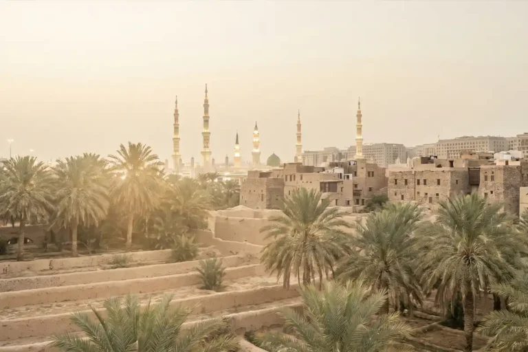 Medine-i Münevvere'nin sakin sabahı, hurma bahçeleri ve uzakta Mescid-i Nebevî minareleri